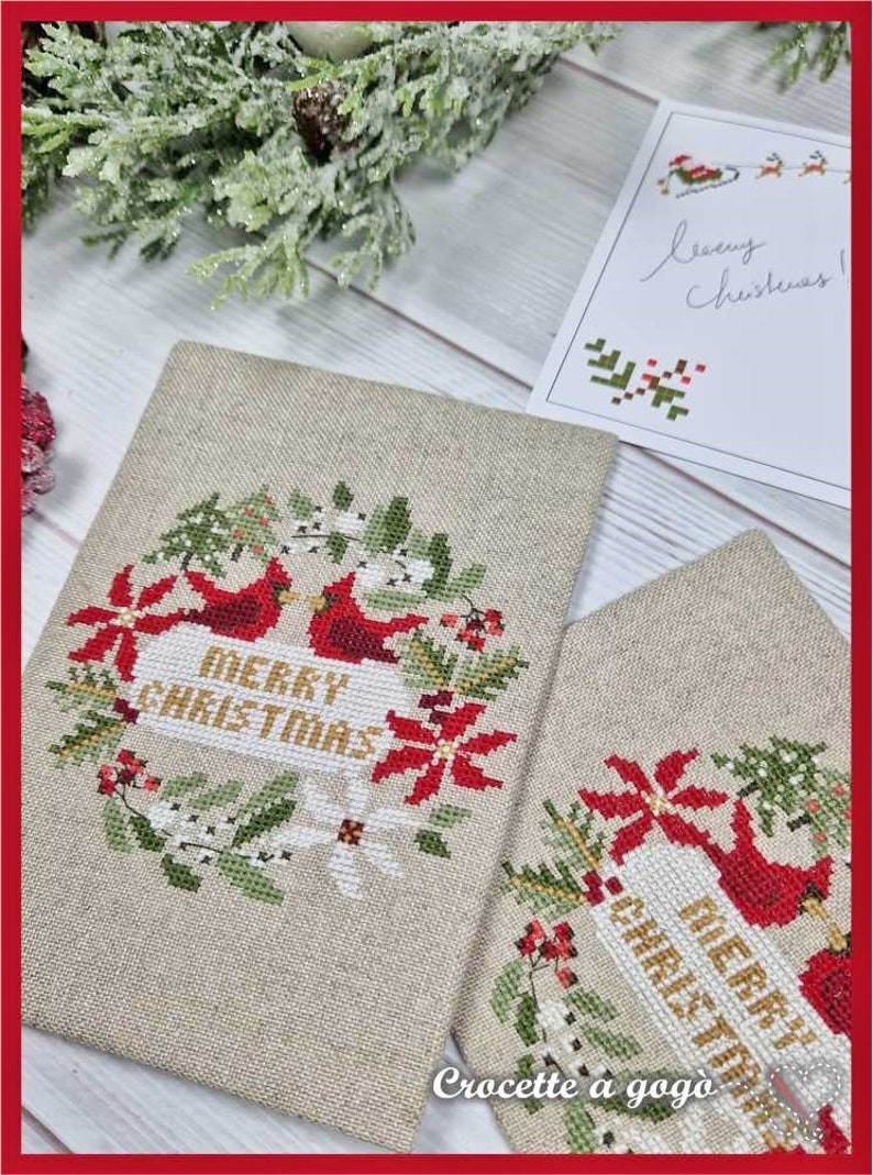 FILE PDF DIGITAL Christmas Card with Post card as a gift only for paper format, christmas cross stitch, cardinal, garland, christmas card, immagine 5