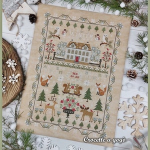 DIGITAL PDF FILE -Winter Sampler-cross stitch pattern with writing translated into Italian and French-winter-sampler,alphabet,crossstitch patterns