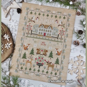 DIGITAL PDF FILE -Winter Sampler-cross stitch pattern with writing translated into Italian and French-winter-sampler,alphabet,crossstitch patterns