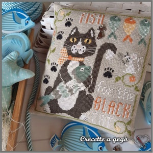 FILE PDF DIGITAL-The little cat!- Cross stitch pattern cat, Spring fish,Pincushion,pillow,black cat