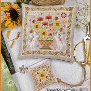 FILE PDF DIGITAL "Summer basket" with schissor fob, two cross stitch chart,basket,pincuschion,cat,sunflowers,poppies