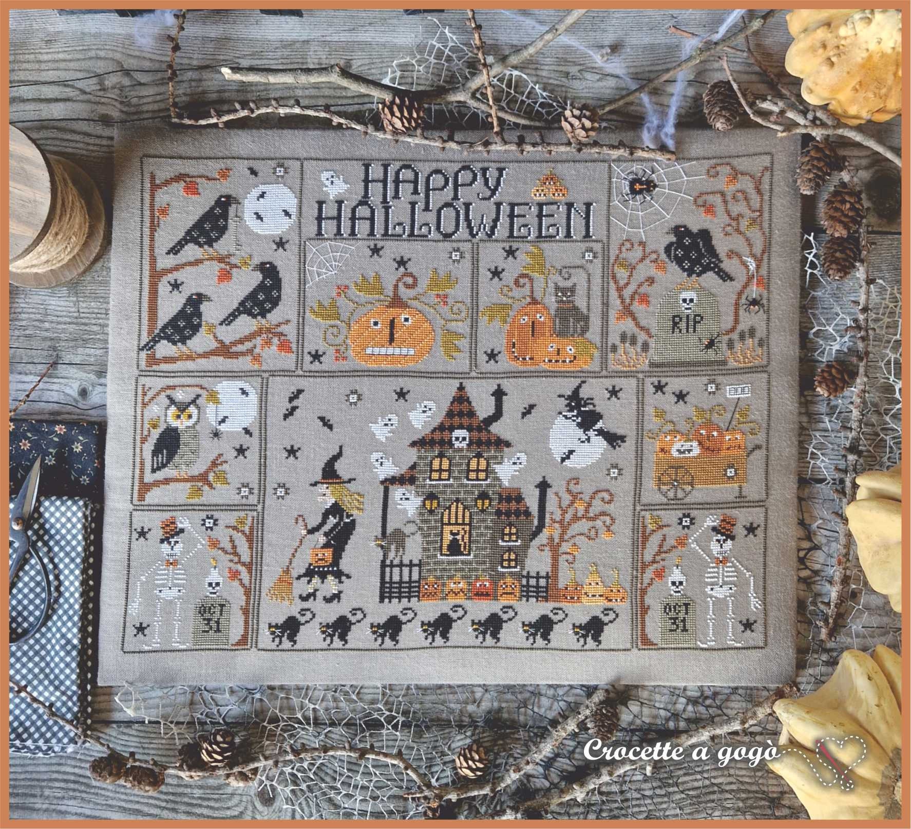 DIGITAL PDF FILE "Happy Halloween", cross stitch chart,halloween,black cat,halloween cross stitch,witch,pumpkins,magic broom,