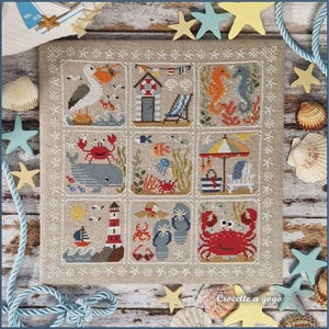 FILE PDF DIGITAL "Sea and sand diary", cross stitch pattern, summer, beach, sea, crab, lighthouse, fish