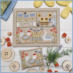 FILE PDF DIGITAL -"Summer notes" - schema punto croce-spring-cross stitch patterns,cicken,flowers,hen,goose,sunflowers