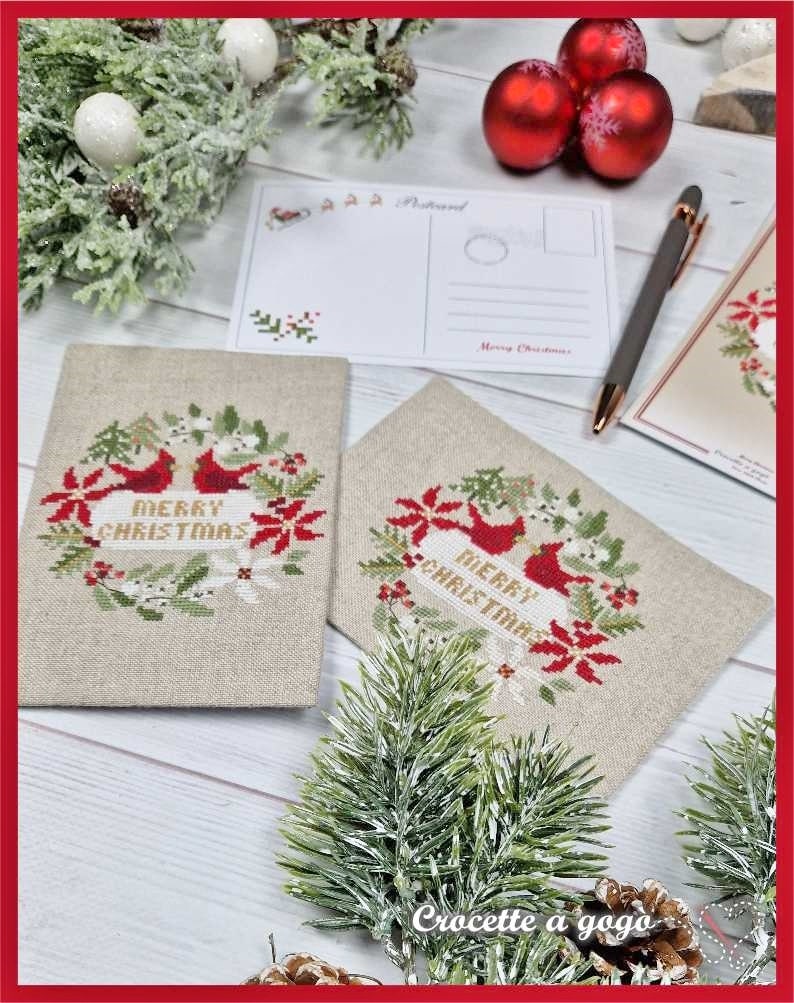 FILE PDF DIGITAL Christmas Card with Post card as a gift only for paper format, christmas cross stitch, cardinal, garland, christmas card, immagine 7