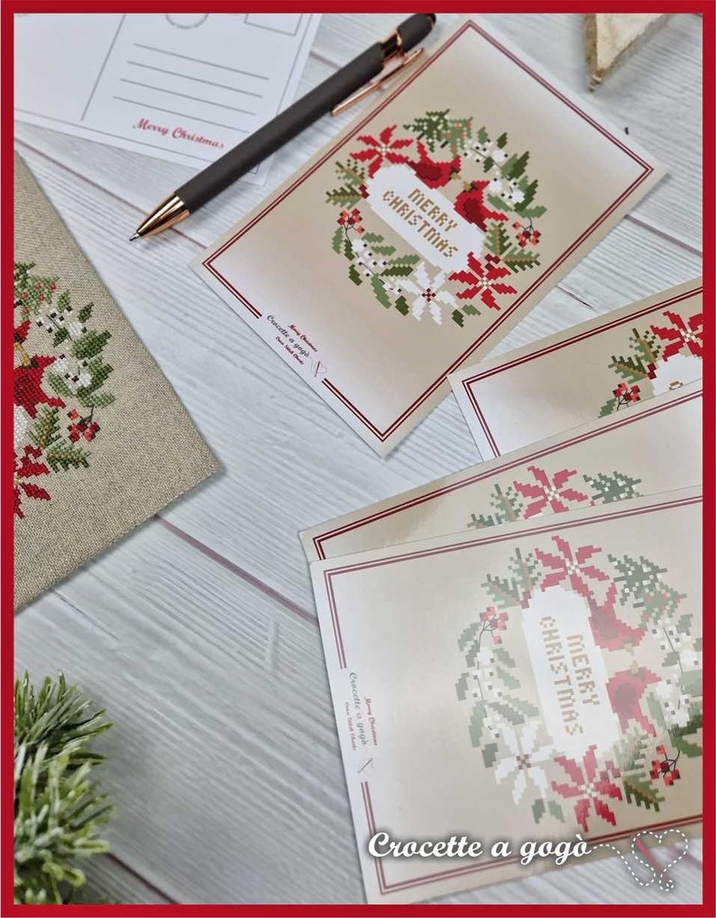 FILE PDF DIGITAL Christmas Card with Post card as a gift only for paper format, christmas cross stitch, cardinal, garland, christmas card, immagine 10