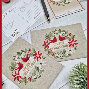 FILE PDF DIGITAL Christmas Card with Post card as a gift only for paper format, christmas cross stitch, cardinal, garland, christmas card, immagine 3