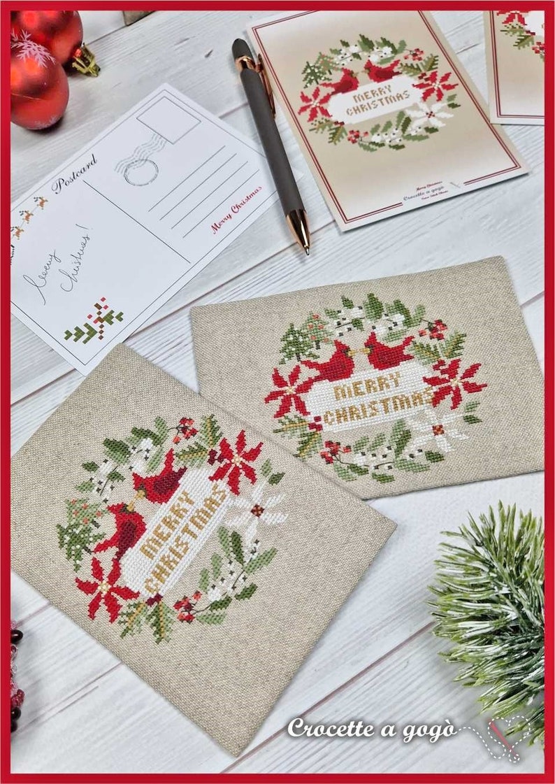 FILE PDF DIGITAL Christmas Card with Post card as a gift only for paper format, christmas cross stitch, cardinal, garland, christmas card, immagine 3