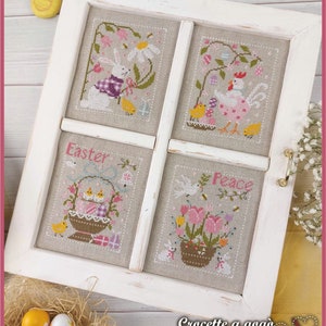 DIGITAL PDF FILE - Easter Window, cross stitch pattern with Italian and French translation, bunny, flowers, spring, cicks, easter eggs, dove