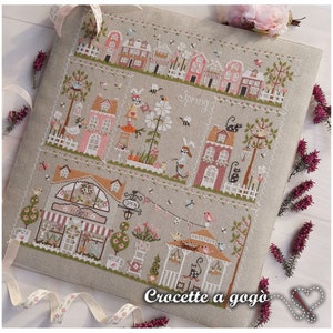 FILE PDF DIGITAL chart-Primavera in città- schema punto croce con scritte anche in italiano, francese e tedesco Cross stitch patterns
