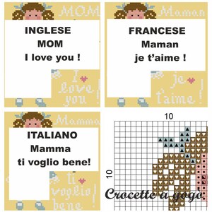 May include: A cross-stitch pattern for a card that says "I love you" in English, French, Italian and Spanish. The pattern includes a small girl with pigtails and a heart.