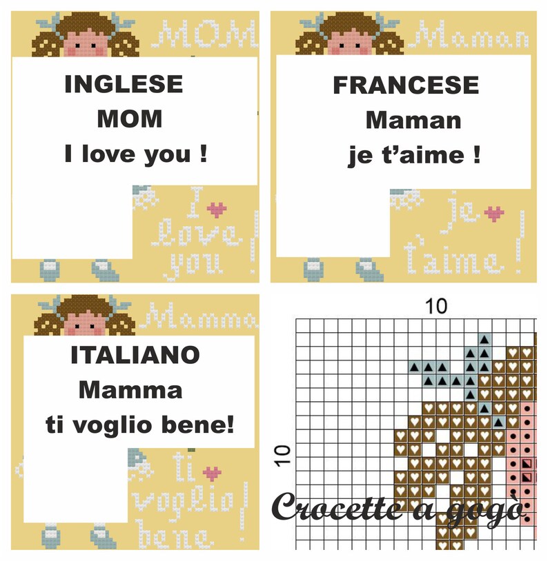 May include: A cross-stitch pattern for a card that says "I love you" in English, French, Italian and Spanish. The pattern includes a small girl with pigtails and a heart.