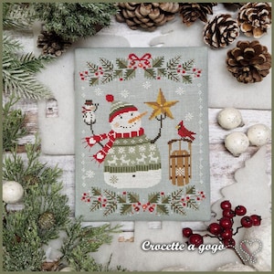 FILE PDF DIGITAL "Green Sweater Weather", cross stitch chart, snowman,winter,snow,cardinal,