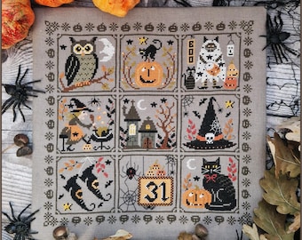 Digitale PDF-Datei „Gruseliges Tagebuch“, Kreuzstichmuster, Halloween, Herbst, schwarze Katze, Kürbis, Hexe, Geist, Eule