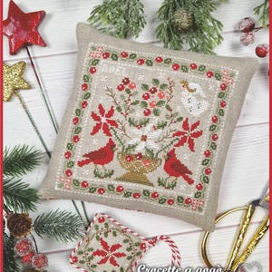 DIGITAAL PDF-BESTAND "Kerstmand" met schissor fob, twee kruissteekdiagram, mand, speldenkussen, bloemen, kerstkruissteek, kardinaal