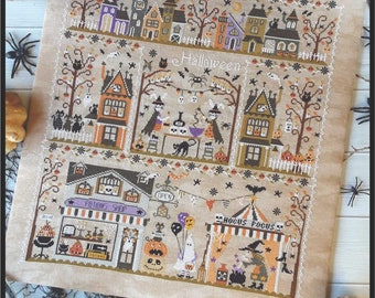 DIGITAL PDF FILE-Halloween in the city-Cross stitch pattern,halloween,black cat,halloween cross stitch,witch,pumpkins,magic broom,