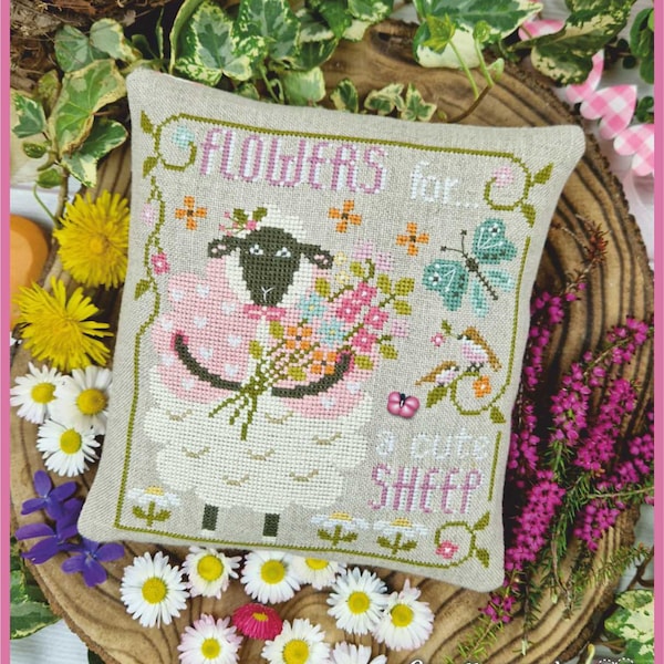 DIGITAL PDF FILE "The little sheep", cross stitch cart, sheep, spring, flowers, springcrossstitch