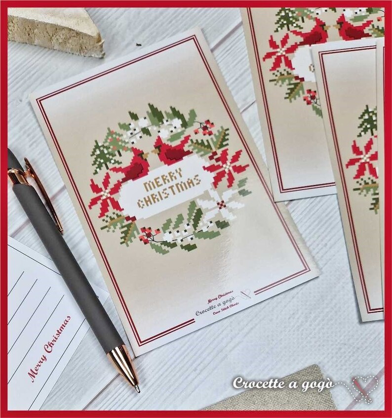 FILE PDF DIGITAL Christmas Card with Post card as a gift only for paper format, christmas cross stitch, cardinal, garland, christmas card, immagine 6