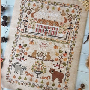 FILE PDF DIGITAL-Autumn sampler con traduzione italiano e francese e alfabeto -Cross stitch pattern,fall,pumpkins,squirrel,raccoon, marmot,