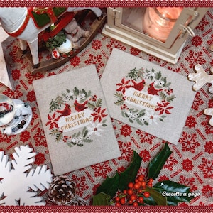 FILE PDF DIGITAL Christmas Card with Post card as a gift only for paper format, christmas cross stitch, cardinal, garland, christmas card, immagine 2
