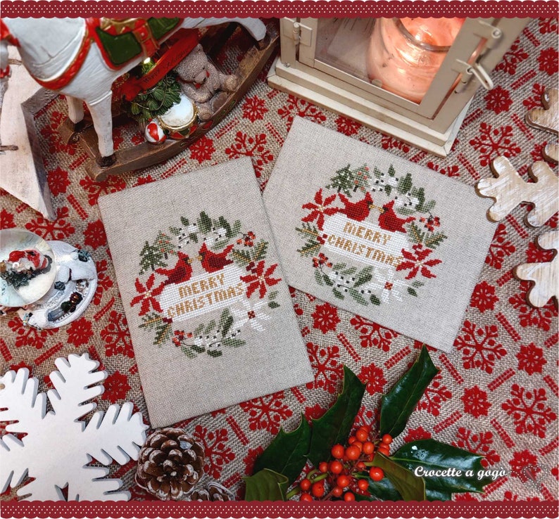 FILE PDF DIGITAL Christmas Card with Post card as a gift only for paper format, christmas cross stitch, cardinal, garland, christmas card, immagine 2