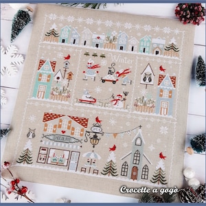 PDF DIGITAL FILE chart-Winter in the city- cross stitch pattern with writings also in Italian, French and German, Cross stitch winter,snow