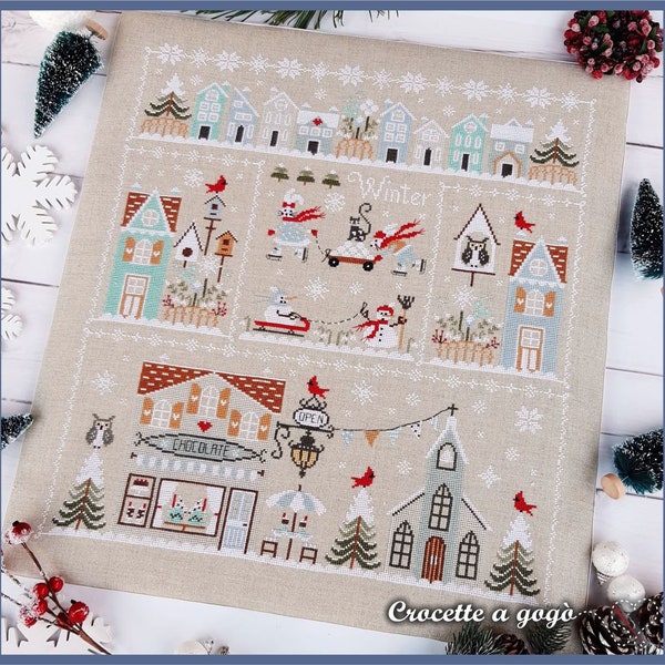 PDF DIGITAL FILE chart-Winter in the city- cross stitch pattern with writings also in Italian, French and German, Cross stitch winter,snow