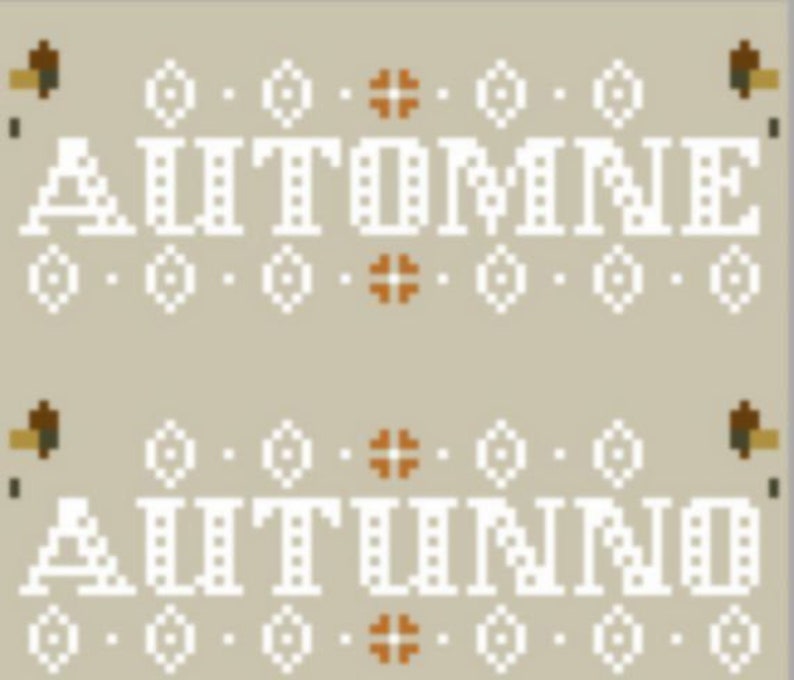 Peut inclure: Un fond beige avec le mot "AUTOMNE" en lettres blanches, entour&eacute; d'un motif de petits cercles blancs et de croix brunes.