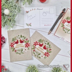 FILE PDF DIGITAL Christmas Card with Post card as a gift only for paper format, christmas cross stitch, cardinal, garland, christmas card, immagine 1