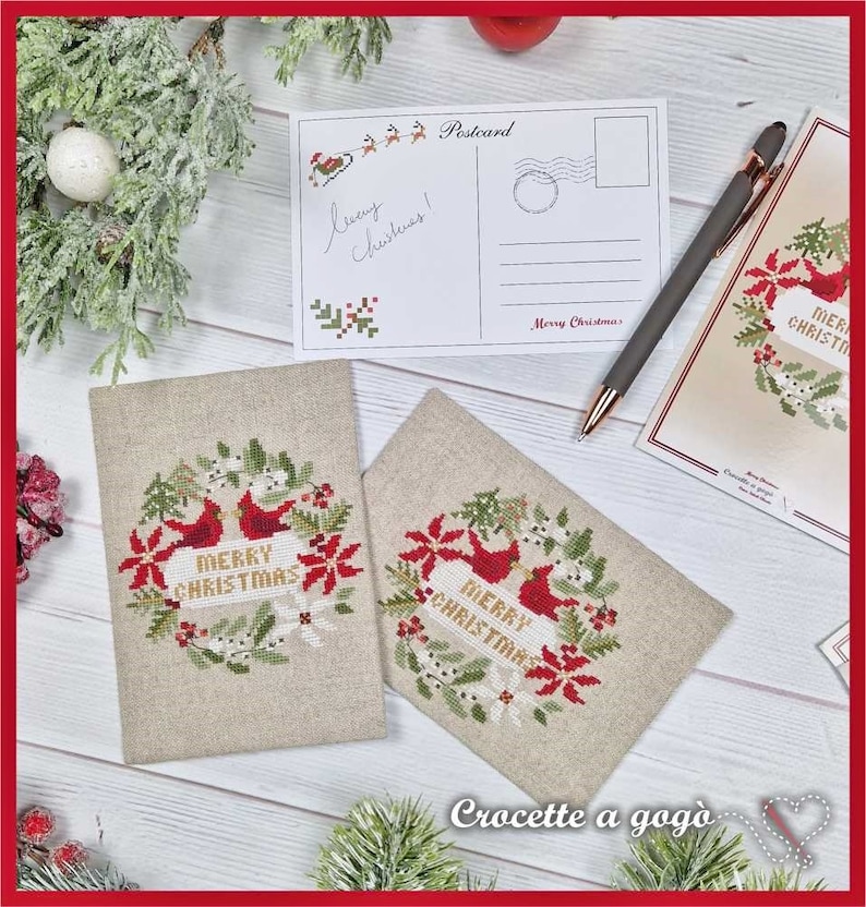 FILE PDF DIGITAL Christmas Card with Post card as a gift only for paper format, christmas cross stitch, cardinal, garland, christmas card, immagine 1