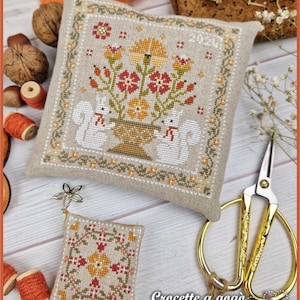 DIGITALE PDF-BESTAND "Herfstmand" met schissor fob, twee kruissteekdiagram, mand, speldenkussen, eekhoorn, bloemen