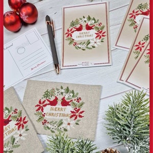 FILE PDF DIGITAL Christmas Card with Post card as a gift only for paper format, christmas cross stitch, cardinal, garland, christmas card, immagine 8