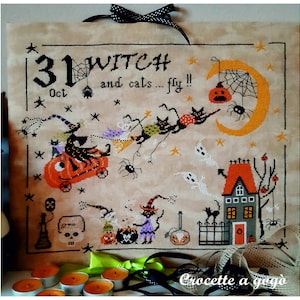 FILE PDF DIGITAL chart-La zucca volante-schema punto croce, Halloween cross stitch pattern, Cross stitch chart Witch Cat mouse pumpking