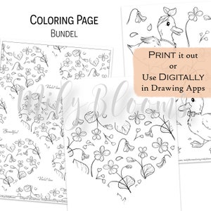 Pacchetto di pagine da colorare per adulti o bambini STAMPABILE e DIGITALE, cuore, senza soluzione di continuità, set di 3 timbri digitali viola e anatra con e senza sfondo