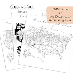 DRUCKBARE und DIGITALE Erwachsenen Malseite, Floral USA Karte, Botanische Karte Illustration mit und ohne Hintergrund