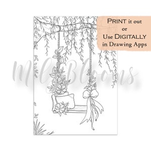 Może przedstawiać: Czarno-biały rysunek huśtawki wiszącej na gałęzi drzewa. Huśtawka jest ozdobiona kwiatami i kokardą. Tekst "PRINT it out or Use DIGITALLY in Drawing Apps" znajduje się w prawym górnym rogu obrazu.