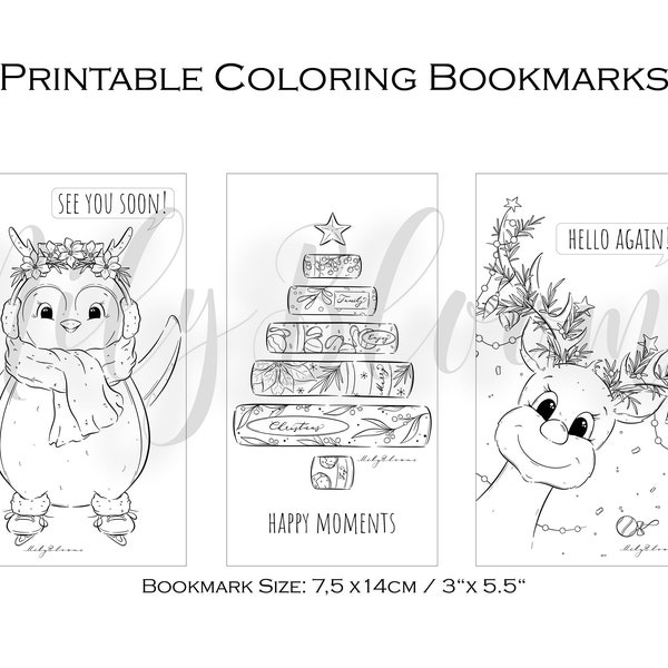 Set of 3 Cute Coloring Bookmarks, Christmas, Winter print at home Bookmark Set, JPG, PNG, PDF files for printable and digital coloring