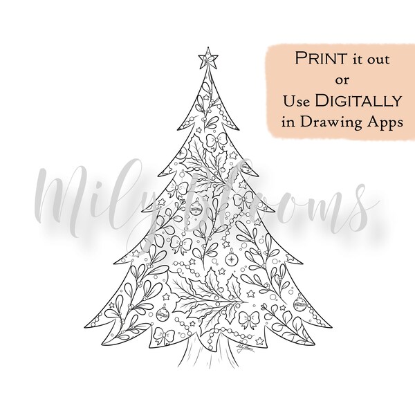 PRINTABLE & DIGITAL Adults Coloring Page, Christmas Tree Digistamp with and without Background, jpg, png, pdf files