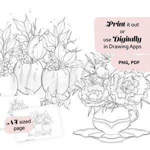 DRUCKBARE und DIGITALE Malseiten für Erwachsene, Osterblumen, Frühlingsausmalseiten, Pfingstrosen und Tulpenblumensträuße zu Hause drucken A4