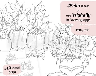 PRINTABLE and DIGITAL coloring pages for adults, easter flowers, spring colouring sheets, peony and tulip flower bouquets print at home A4