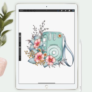PRINTABLE and DIGITAL Coloring Pages for Adults, Floral Camera and ...