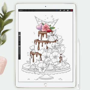 May include: A black and white line drawing of a wedding cake decorated with flowers, strawberries, and hearts. The cake is on a cake stand and has a banner with hearts hanging from it.