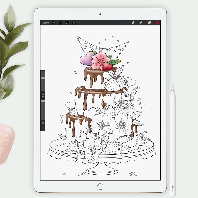 May include: A black and white line drawing of a wedding cake decorated with flowers, strawberries, and hearts. The cake is on a cake stand and has a banner with hearts hanging from it.