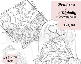 Dibujos para colorear de dulces florales: Tortitas de frutos rojos, macarons (para imprimir y en formato digital)