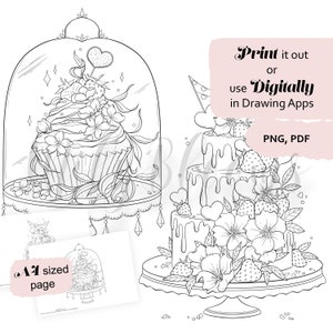 May include: A black and white line art illustration of two cakes decorated with flowers, hearts, and strawberries. The cakes are on stands and one is under a glass dome. The text "Print it out or use Digitally in Drawing Apps PNG, PDF" is in the upper right corner of the image.