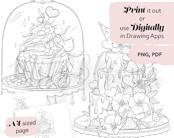 Dibujos para colorear de dulces: Tarta de fresa, postres florales (PDF A4)