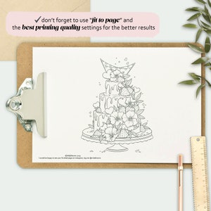 May include: A black and white line drawing of a three-tiered wedding cake decorated with flowers, strawberries, and hearts. The cake is on a pedestal and has a banner with hearts hanging from it.