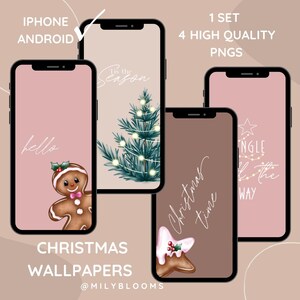 May include: Set of four Christmas phone wallpapers featuring a gingerbread man, a Christmas tree with lights, a gingerbread star, and a text graphic that says "It's the season" and "Christmas time".