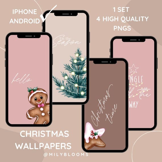 Christmas iPhone/Android Wallpaper set, Cute Gingerbread designs, minimalist inspirational Phone Wallpaper