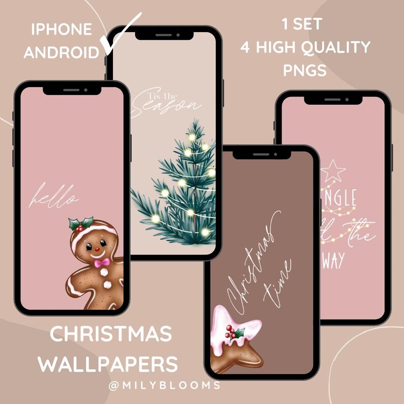 May include: Set of four Christmas phone wallpapers featuring a gingerbread man, a Christmas tree with lights, a gingerbread star, and a text graphic that says "It's the season" and "Christmas time".